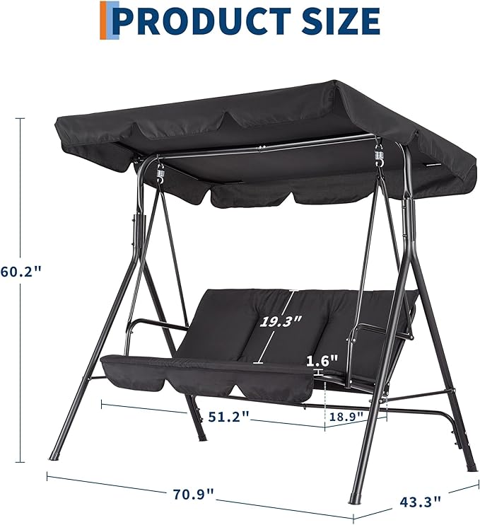 Porch Swing Chair with Adjustable Canopy for Adults 3-Seat Patio Glider Bench with Thick Cushions Steel Frame Outdoor Swing Chair for Backyard Lawn Garden Black
