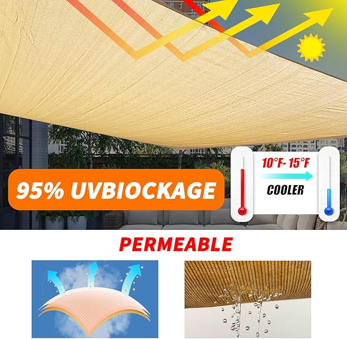 8' x 8' Sun Shade Sail Sand Curved Commercial Outdoor Shade Cover Sand Rectangle Heavy Duty Permeable 185GSM Backyard Shade Cloth for Patio Garden