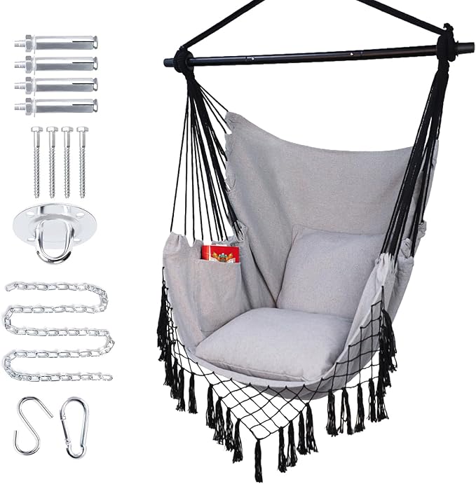 Hammock Chair Hanging Rope Swing Chair,Max 450 Lbs, Large Hanging Chair with Pocket, 2 Cushions, Removable Steel Bar, Hardware Kit Included, Superior Comfort for Indoor Outdoor (Light Grey)