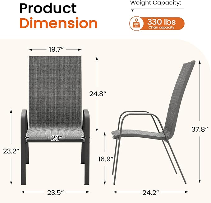 JEAREY Patio Dining Chairs Set of 6, Outdoor Stackable Dining Furniture Set, All Weather Dining Set for Lawn, Garden, Backyard, Poolside, Grey