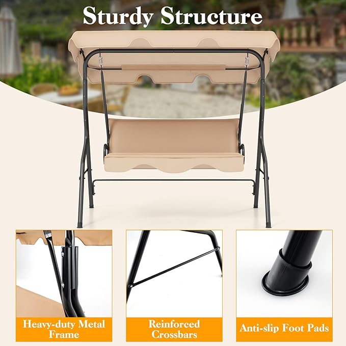 Porch Swing Outdoor, 3 Person Patio Swing w/Removable Cushion, Stand & Adjustable Canopy, Heavy Duty Swing Chair for Patio, Garden, Courtyard, Poolside