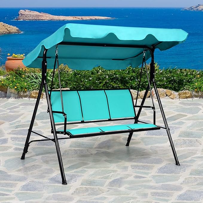 TANGKULA 3 Person Patio Swing, Steel Frame with Polyester Angle Adjustable Canopy, All Weather Resistant Swing Bench, Suitable for Patio, Garden, Poolside, Balcony (Turquoise)