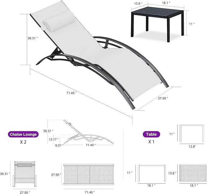 PURPLE LEAF Patio Oversized Chaise Lounge Chair Set with Side Table Pool Adjustable Recliner Chairs for Outside Beach Outdoor Sunbathing Tanning Poolside Lounger Chair, White