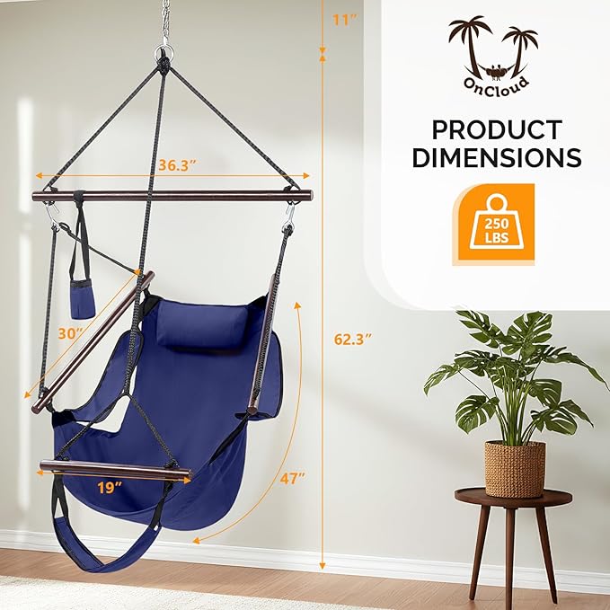 ONCLOUD Sky Chair, Deluxe Hanging Hammock Air Chair Swing Seat with Pillow, Drink Holder, Solid Wood Weather Resistant for Indoor/Outdoor Yard Garden Tree Patio Porch, 250 LBS (Navy Blue)
