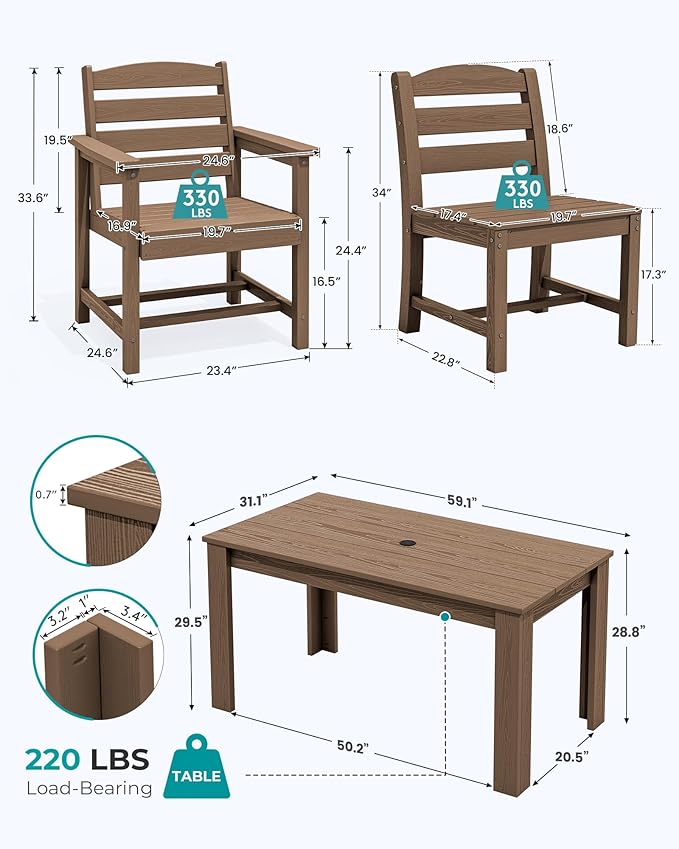 SERWALL Outdoor Dining Sets for 10, HDPE Dining Sets for 10 Person with 2 Rectangular Tables and 8 Armless Chairs and 2 Armchairs, Patio Dining Sets for Garden, Backyard, Poolside, Brown