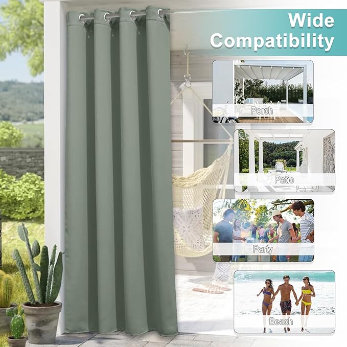 NICETOWN 2 Panels Patio Curtains for Outdoor Waterproof, Rustproof Grommet Thermal Insulated Room Darkening Indoor Outdoor Drapes Privacy for Balcony/Pergola, W52 x L108, Sage Green