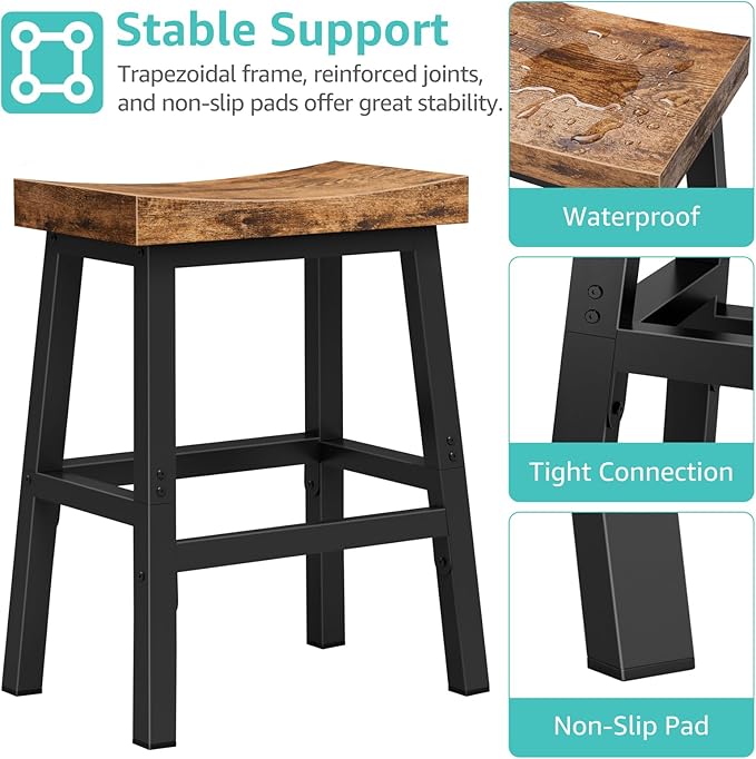 Rustic Bar Stools, 24 Inch Barstools Set of 2, Counter Height Stool with Footrest, Wooden Stools for Kitchen Island, Heavy Duty Backless Chair for Dining Table Farmhouse Outdoor