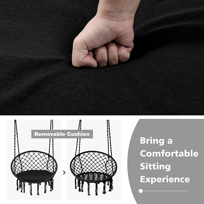 Giantex Hammock Chair Macrame Swing - Hanging Chair with Cushion and Hardware Kit, 330 LBS Weight Capacity, Indoor Swing for Hammock Stand, Patio, Balcony, Living Room Hammock Swing (Black)