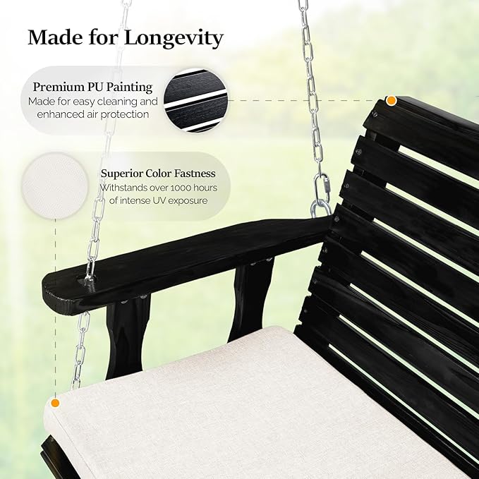 VINGLI Wooden Porch Swing, Heavy Duty 880 LBS Hanging Patio Bench with Extra Cushion for Lawn| Garden| Courtyard (Black, 4 feet)