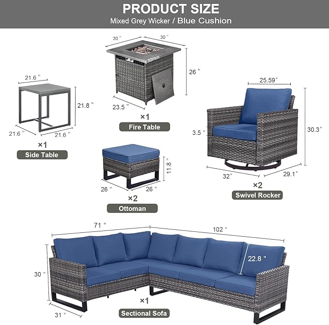 Belord Patio Sectional Furniture Set with Fire Pit Table: 8 Pieces Wicker Patio Conversation Set with L Shaped Sofa, Outdoor Swivel Glider Rocker, Rattan Ottomans, Removable Cushions Blue