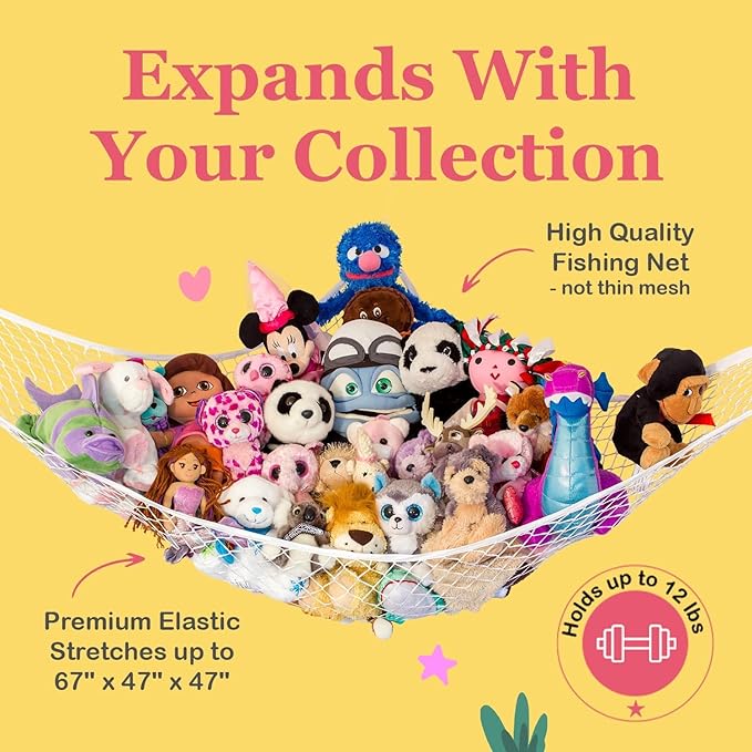 Lilly's Love Stuffed Animal Hammock | Corner Hanging Organizer, Toy Storage, Stuffed Animal Storage Net | Made From Quality Fishing Net, Holds 12lbs | 67"x47"x47" (Coral)