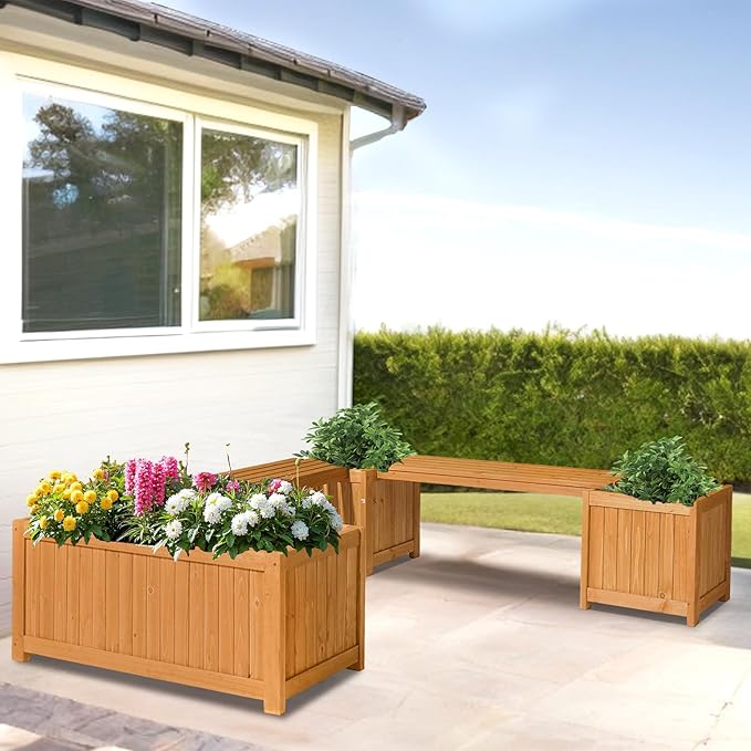 VINGLI Outdoor Wood Bench with Planter Boxes, 2-in-1 All-Weather Porch Bench Seat ＆ Open-Ended Wooden Raised Garden Bed, for Balcony Yard Patio (2 Boxes + Rectangle)