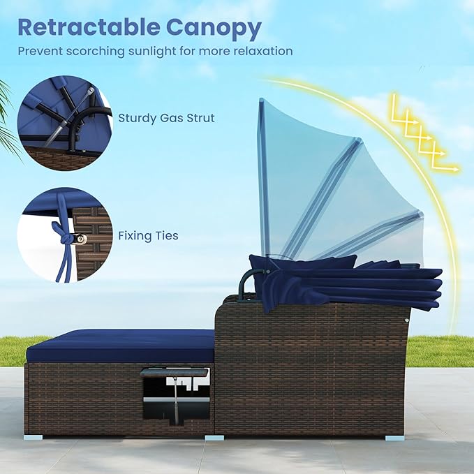 ORALNER Outdoor Daybed, 2-Person Wicker Patio Sofa with Retractable Canopy, Cushions & Pillows, 2 Side Trays, PE Rattan Double Sunbed for Deck Poolside Garden Balcony Backyard (Navy, Mix Brown)