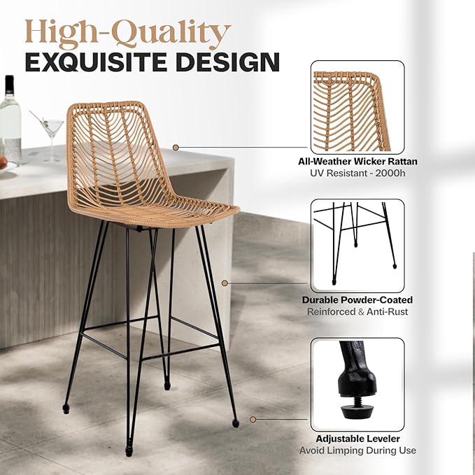 IDZO Outdoor Rattan Bar Stools Set of 2, 42-Inch Tall with 400lbs Weight Endurance, Featuring a Steel Frame and Comfort Cushions, Ideal Outdoor Bar Stools and Kitchen Island