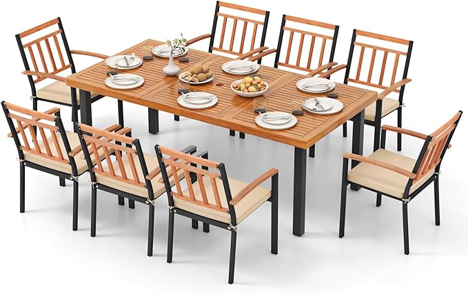 Tangkula 9 Pieces Patio Dining Set, Outdoor Acacia Wood Table and Chairs with Soft Cushions and 1.9” Umbrella Hole, Outdoor Patio Furniture Set for Garden, Deck and Backyard