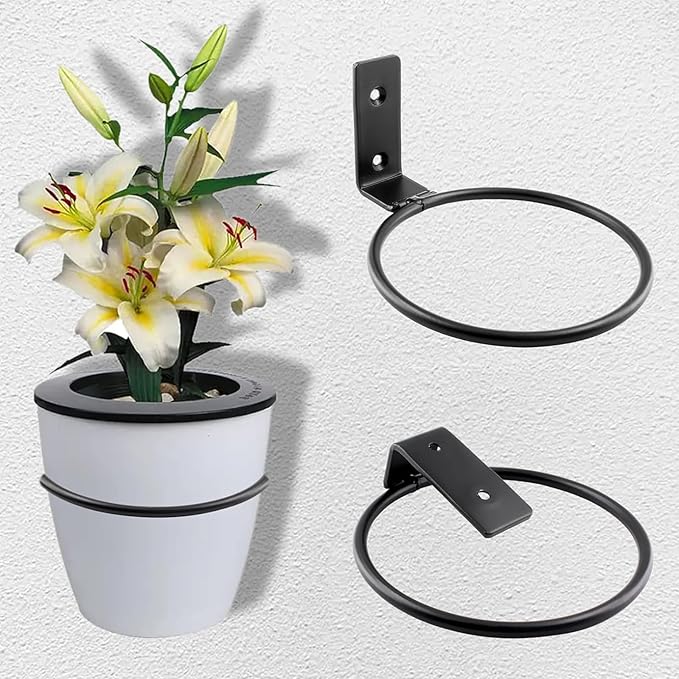 6 Pack 4 inch Flower Pot Holder Ring, Flower Pot Holder Ring Wall Mounted Set Wall Mounted Metal Planter Hanger Matte Black Hanging Plant Holders
