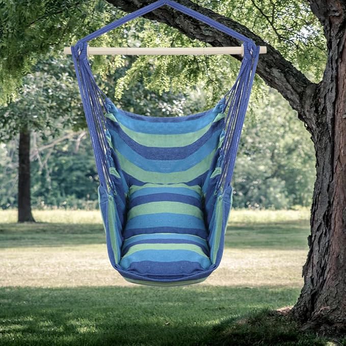 ONCLOUD Hammock Chair Hanging Rope Swing, Load Capacity Up to 550 LBS Macrame Hammock Swing Seat with Two Cushions, Hammock Seats with Portable Steel Spreader Bar for Indoor/Outdoor, Blue Green Stripe