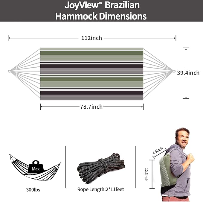 JoyView Brazilian Hammock for Single Person Portable Hammock with Hanging Ropes & Carry Bag Large 78.8x39.4” for Patio 300LBS Capacity Perfect for Outdoor/Indoor - Green Grey Stripes