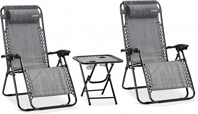 SereneLife Outdoor Zero Gravity Lounge Chair Set with Table – 2 Adjustable Recliners with Cup Holders, Headrest, Steel Frame & Foldable Design for Patio, Pool, Garden, or Camping