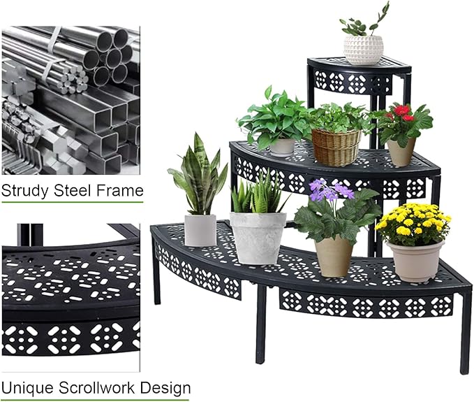 aboxoo 3 Tier Plant Stand Flower Pot Rack, Metal Stair-Step Style Corner Shelf Planters, Quarter Round Display Holder for Indoor Outdoor Use(Black, Semicircle)