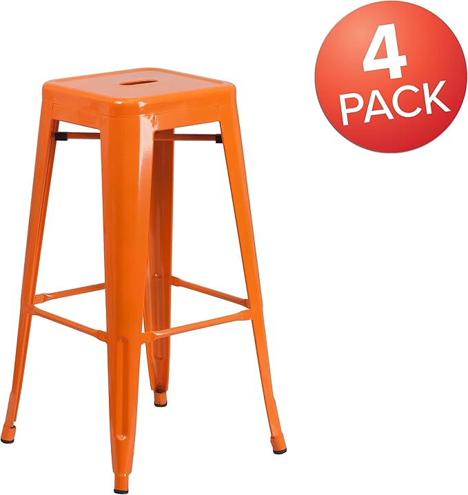 Flash Furniture Lily 4 Pack Commercial Grade 30" High Backless Orange Metal Indoor-Outdoor Barstool with Square Seat