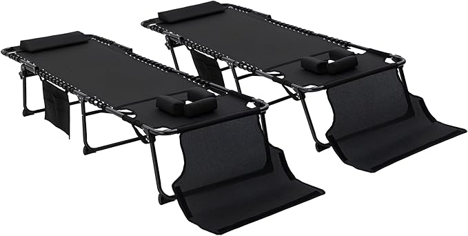 Outsunny 2 Piece Folding Chaise Lounge with 5-Level Reclining Back, Tanning Chair with Face Hole, Outdoor Lounge Chair with Side Pocket & Headrest for Beach, Yard, Patio, Black