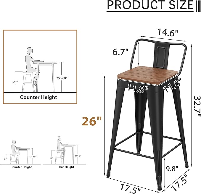HAOBO Home 26" Outdoor Barstools Patio Stool Metal Bar Stools Set of 4 Counter Height Barstools with Wood Plastic Seat Industrial Bar Chairs Metal Kitchen Stools