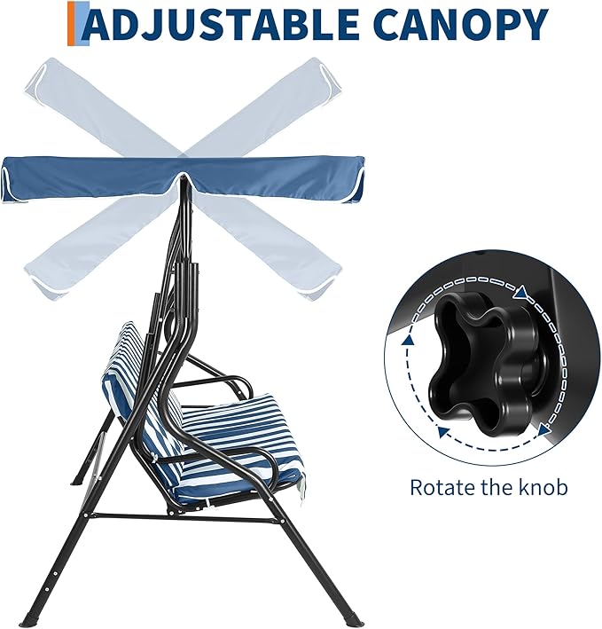 Outdoor Porch Swing Chair with Adjustable Canopy & Striped Seat Cushion for Adults 3-Seat Patio Glider Bench with Thick Cushions Steel Frame Outdoor Swing Chair for Backyard Lawn Garden Blue