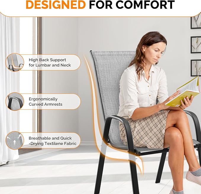 VINGLI Set of 2 Stackable Outdoor Bar Stools – Sling Chairs with High Back & Armrests, for Lawn, Garden, Bar, Grey