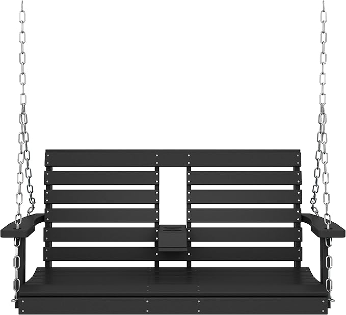KINGYES Outdoor Hanging Patio Swing Chair, 2 Seat Swing with Cup Holders, Waterproof Bench for Courtyard & Garden, 660LBS Weight Capacity, Black