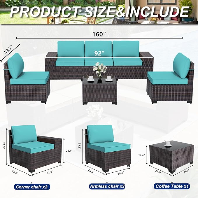 ALAULM 6 Pieces Patio Furniture Set, Oversized Seat/Armrest and High Back Wicker Sectional Furniture Set with Thick Cushion for Backyard, Garden, Red