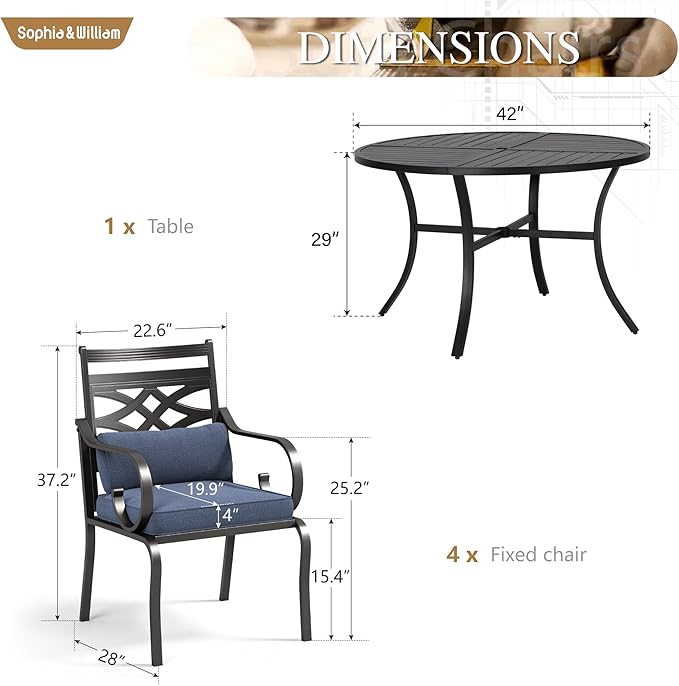 Sophia and William Outdoor Patio Dining Set for 4, Outdoor Table and Chairs, Removable Seat Cushions, Black 42" Round Patio Dining Table,Blue