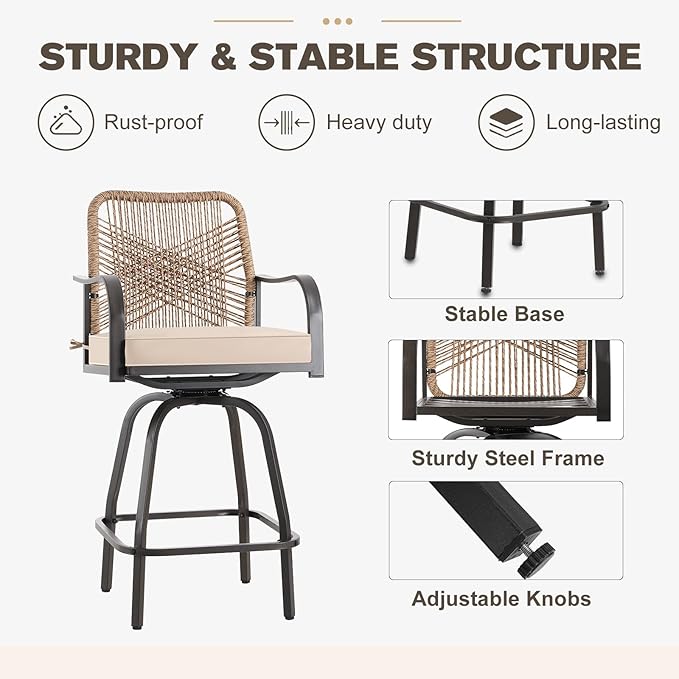 Patio Swivel Bar Stools Set of 6, Outdoor Rattan Height Bar Patio Swivel Chairs with Steel Frame and Thickened Cushion for Garden, Balcony, Lawn and Backyard (Rattan Brown)