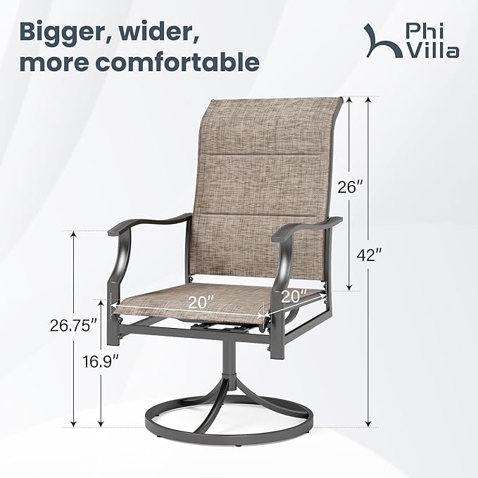 PHI VILLA Swivel Patio Chair Set of 4, 42" High Back Outdoor Chairs with Padded Fabric & E-Coating Frame, All Weather-Resistant for Deck Lawn Garden