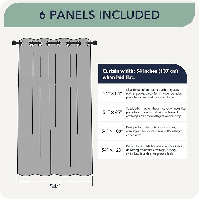 Outdoor Curtains for Patio Waterproof 6 Panels - Windproof, Privacy, Weatherproof Outside Drapes for Gazebo Pergola Porch, Grommet Top and Tab Bottom, 54x108 Inch, Taupe