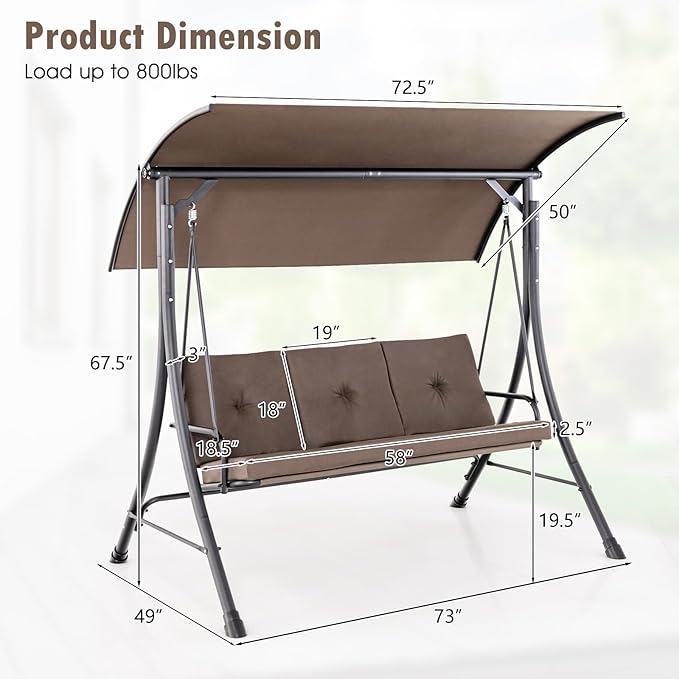 Tangkula 3 Person Porch Swing, Outdoor Swing with Removable Cushions, Solid Steel Structure, Patio Swing with Adjustable Canopy for Garden, Backyard, Balcony, Poolside