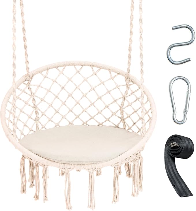 Giantex Hammock Chair Macrame Swing - Hanging Chair with Cushion and Hardware Kit, 330 LBS Weight Capacity, Indoor Swing for Hammock Stand, Patio, Balcony, Living Room Hammock Swing (Beige)