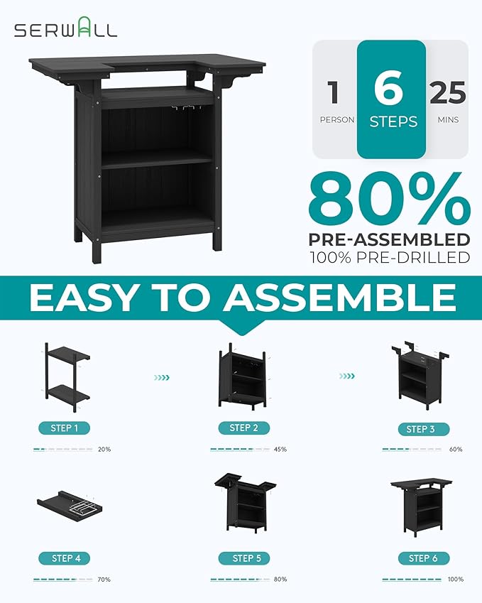 SERWALL Outdoor Bar Table Set (1 Table with 2 Chairs) – HDPE Black Patio Bar Cabinet with 4-Tier Storage & Spacious Tabletop, Perfect for Outdoor, Poolside, Backyard