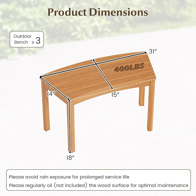Tangkula Acacia Wood Outdoor Curved Bench Set of 3, Patio Garden Backless Fire Pit Bench with 1200 lbs Weight Capacity, Outside Seating Furniture for Front Porch, Deck & Backyard