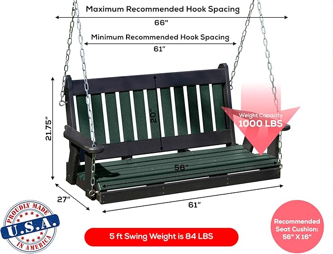 Mission Poly Lumber Wood 5FT Porch Swing Amish Craftsmandship Made in USA HDPE with No Wood fibers 1000 lbs Limit. Stainless Steel Hardware.Signature Design for Patio Outdoor Backyard Garden Park