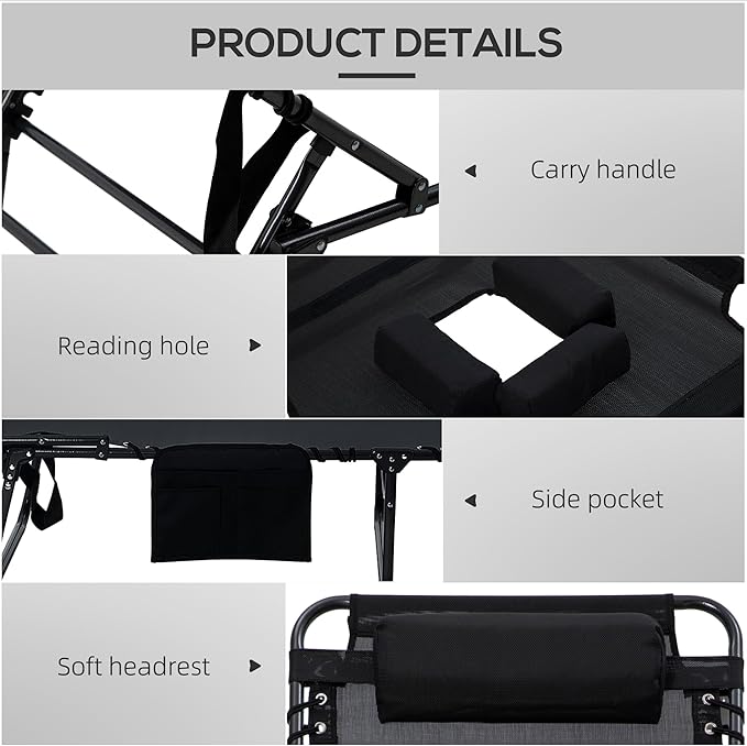 Outsunny 2 Piece Folding Chaise Lounge with 5-Level Reclining Back, Tanning Chair with Face Hole, Outdoor Lounge Chair with Side Pocket & Headrest for Beach, Yard, Patio, Black