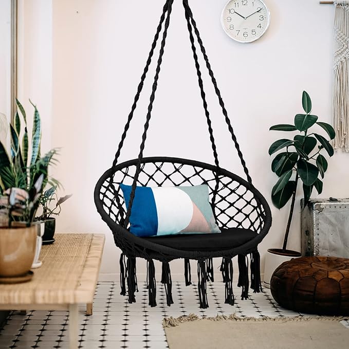 Giantex Hammock Chair Macrame Swing - Hanging Chair with Cushion and Hardware Kit, 330 LBS Weight Capacity, Indoor Swing for Hammock Stand, Patio, Balcony, Living Room Hammock Swing (Black)