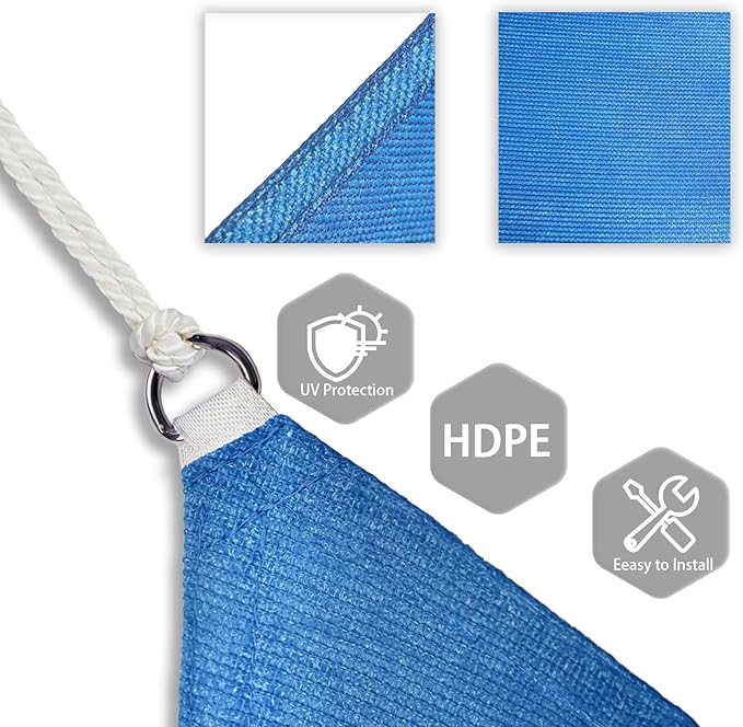 Patio Paradise 13' x 13' x 13' Sun Shade Sail Triangle Canopy Shade Cloth Fabric Sunlight Block Patio Pergola Cover HDPE Deck Awning for Outdoor Backyard Roof Shading, Blue