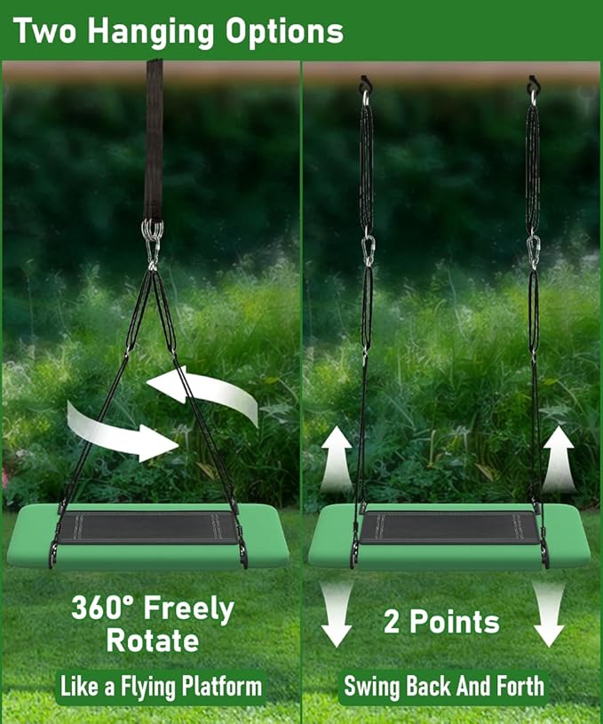 60" Retangular Tree Swing for Kids & Adults, Adjustable Platform Swing with Hanging Straps, 700lbs Capacity, Waterproof Giant Swings for Backyard Outdoor & Indoor Use, Green & Black