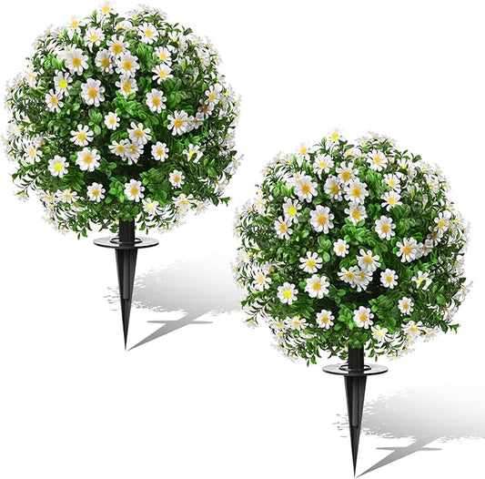 Artificial Topiary Bushes for Outdoors with Spike, Boxwood Ball Fake Shrubs UV Resistant Faux Plants for Indoor Outdoor Fall Thanksgiving Halloween Decor (Sunflower Boxwood White -2 Packs)