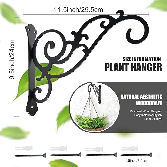 Hanging Planter Hooks 2 Pcs,Outdoor Hanging Brackets Wall Hook Heavy Duty Brackets,Black Iron Planters Hook Indoor/Outdoor Planter Hanger Brackets (12 inch)