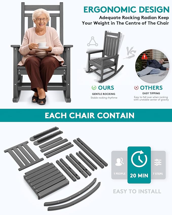 SERWALL Oversized Rocking Chair, Outdoor Rocking Chair for Adults, All Weather Resistant Porch Rocker for Lawn Garden, Grey