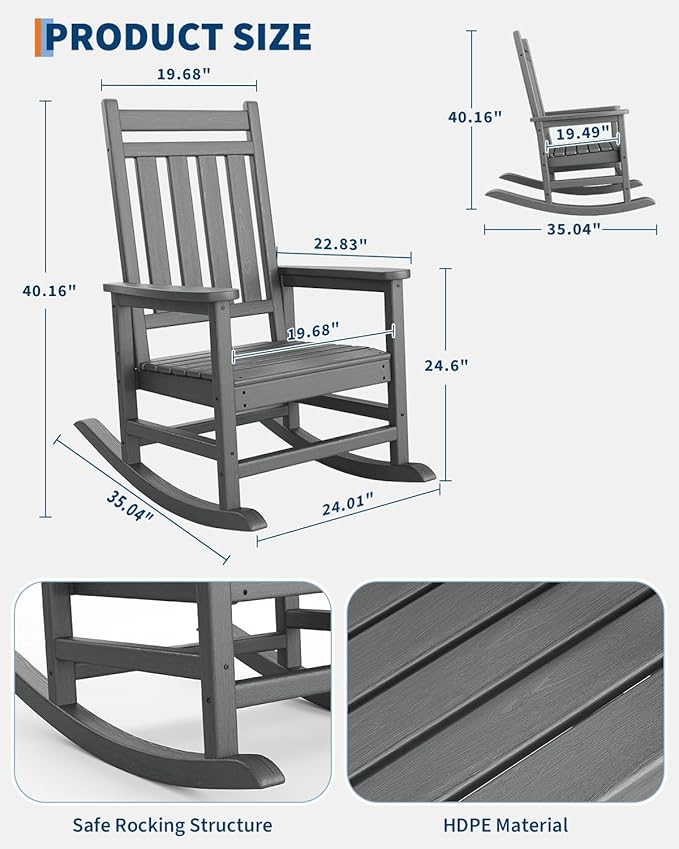 Poly Lumber Rocking Chair Outdoor Set of 6- HDPE High Back Porch Rocker Chairs for Adults - All Weather Resistant Furniture for Patio - Gray