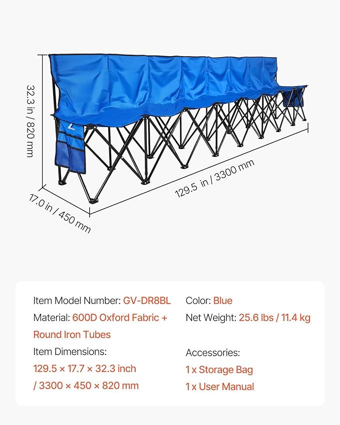 VEVOR Portable Folding Bench, 8 Seat Foldable Soccer Bench with Side Pockets and Carrying Bag, Lightweight Sideline Seating with Back Rest for Football, Baseball, Camping, Outdoor Events, Blue