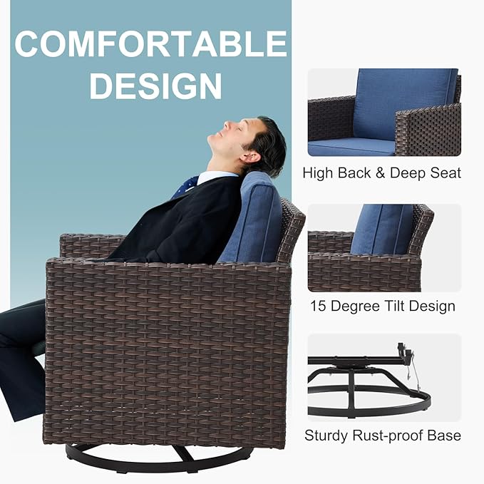 Belord 7 Pieces Patio Furniture Set with Fire Pit Table: Wicker Patio Conversation Set with Outdoor Swivel Glider Rocker Patio Couch Metal Side Table, All Weather Grey Rattan